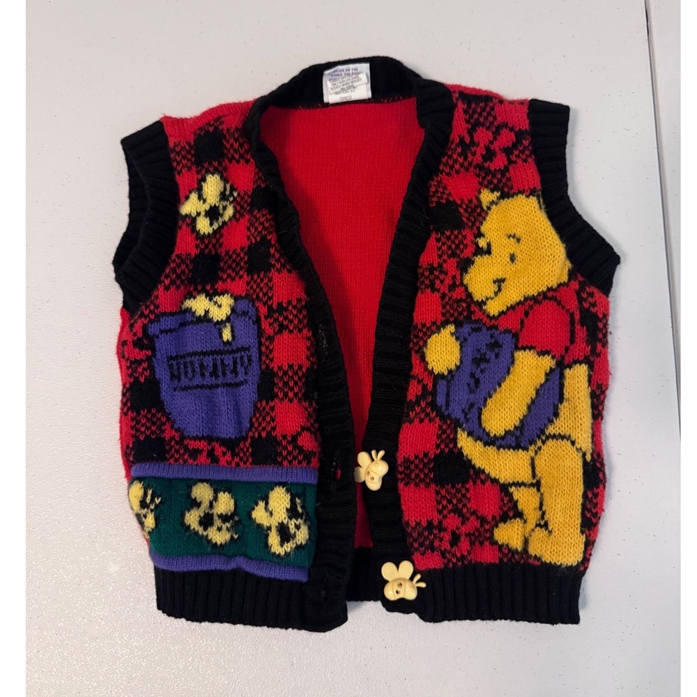 Vintage Disney Winnie the Pooh Knit Sweater Vest Red Plaid Bee Buttons Small mm